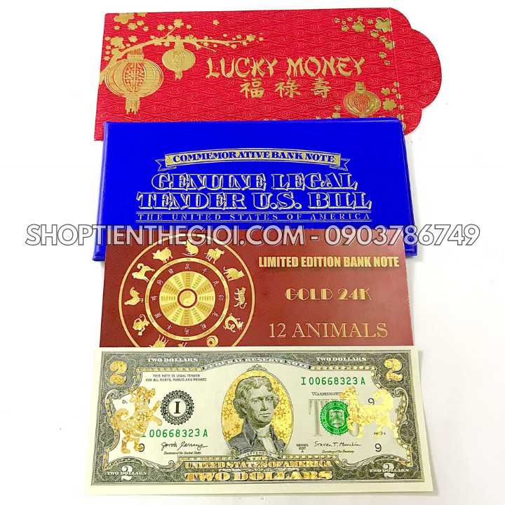 Tiền 2 USD in hình Con Chó 3D nhũ vàng 